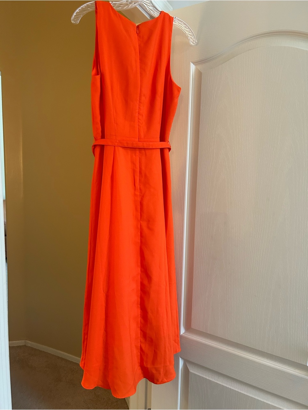 Ann Taylor Size 4 Sleeveless Bright Orange High-Low Belted Midi Dress - Picture 2 of 7